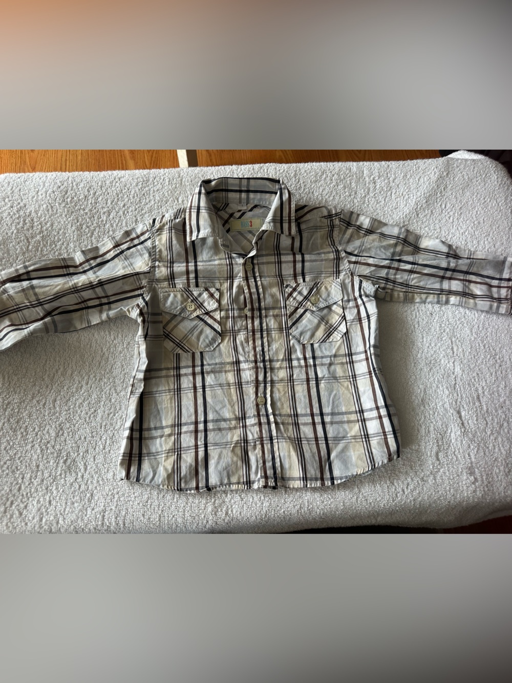 Bass Boys Cream Plaid Button-Down Shirt with Brown and Gray Stripes